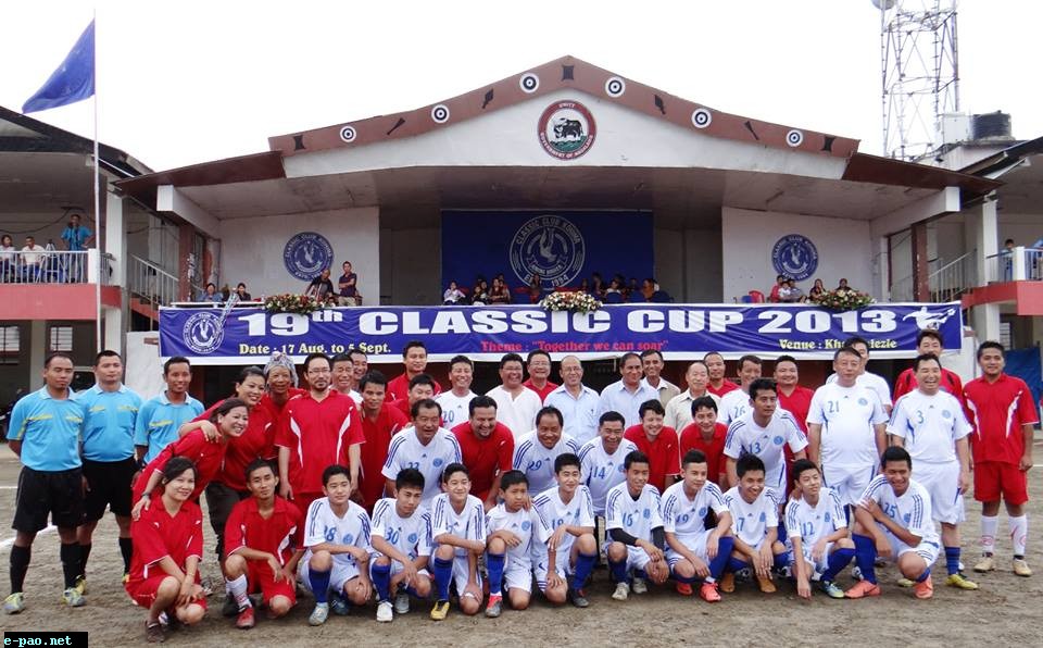 Kohima Press Club team in red jersey and Classic Club team in white jersey before their Challenger Cup 2013 match at Kohima Local Ground (file photo).